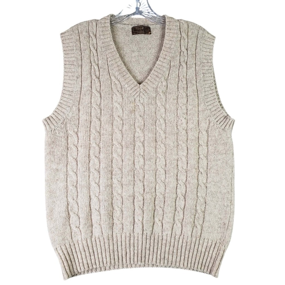 Vintage Thane Sweater Vest Beige Shetland Wool Men's Size Large L Cable Knit